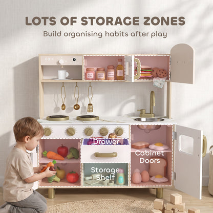Kids Play Kitchen Playset | Rotating Coffee Maker | Stove with Ignition Sounds | Rotating Tap | Clock with Movable Hands | Shelves Cabinet & Drawer | 6-Piece Steel Set | E1 MDF | 74x29x81cm | Ages 3-6 | White