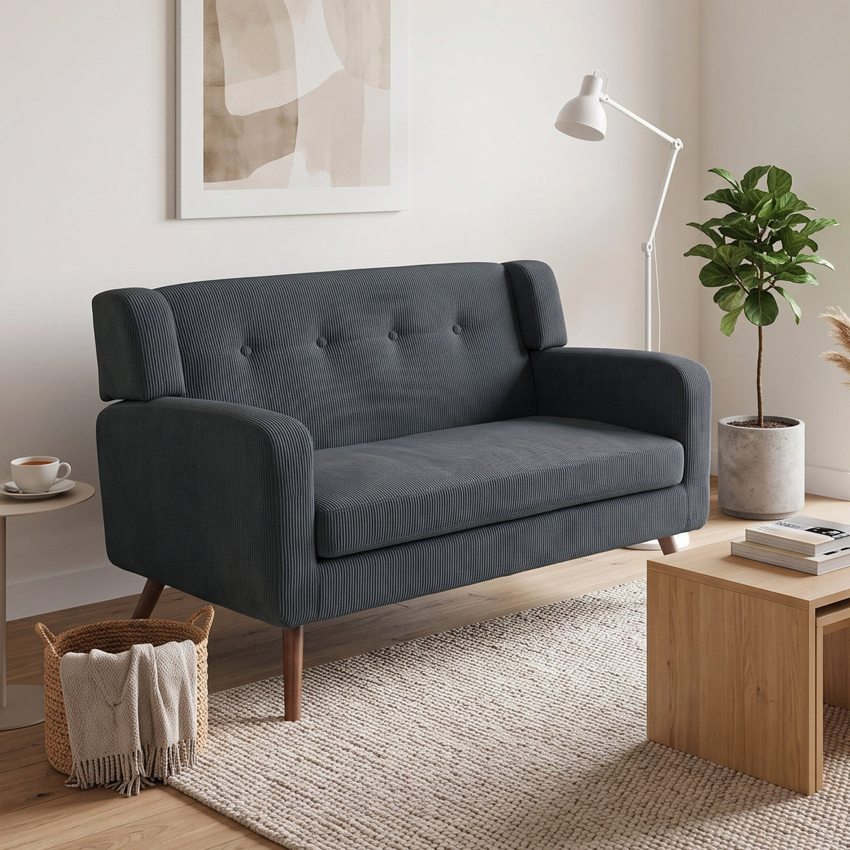 2 Seater Sofa | Dark Grey Corduroy Loveseat with Tufted Back, Padded Arms & 240kg Capacity