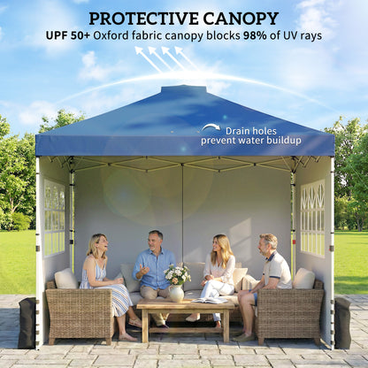 3x3m Pop Up Gazebo | UPF50+ Waterproof 210D Oxford | 3 Sidewalls | 2 Church Windows | 3 Height Settings | Wheeled Bag | Wind Level 4-6 | Dark Blue