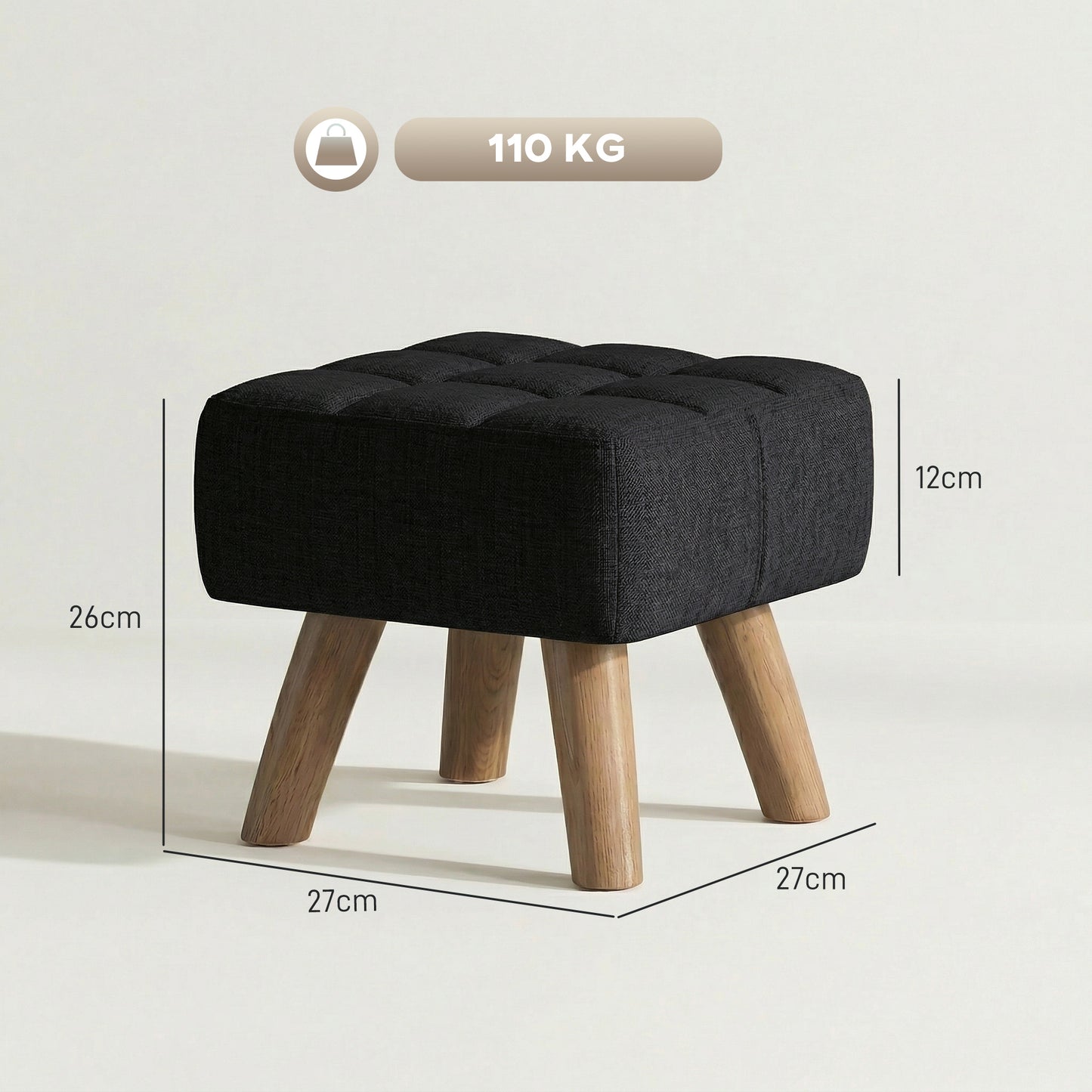 Square Padded Footstool Ottoman Pouffe | Tufted Linen-Look | Black