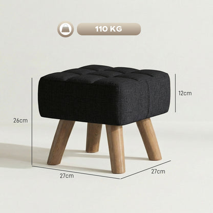 Square Padded Footstool Ottoman Pouffe | Tufted Linen-Look | Black