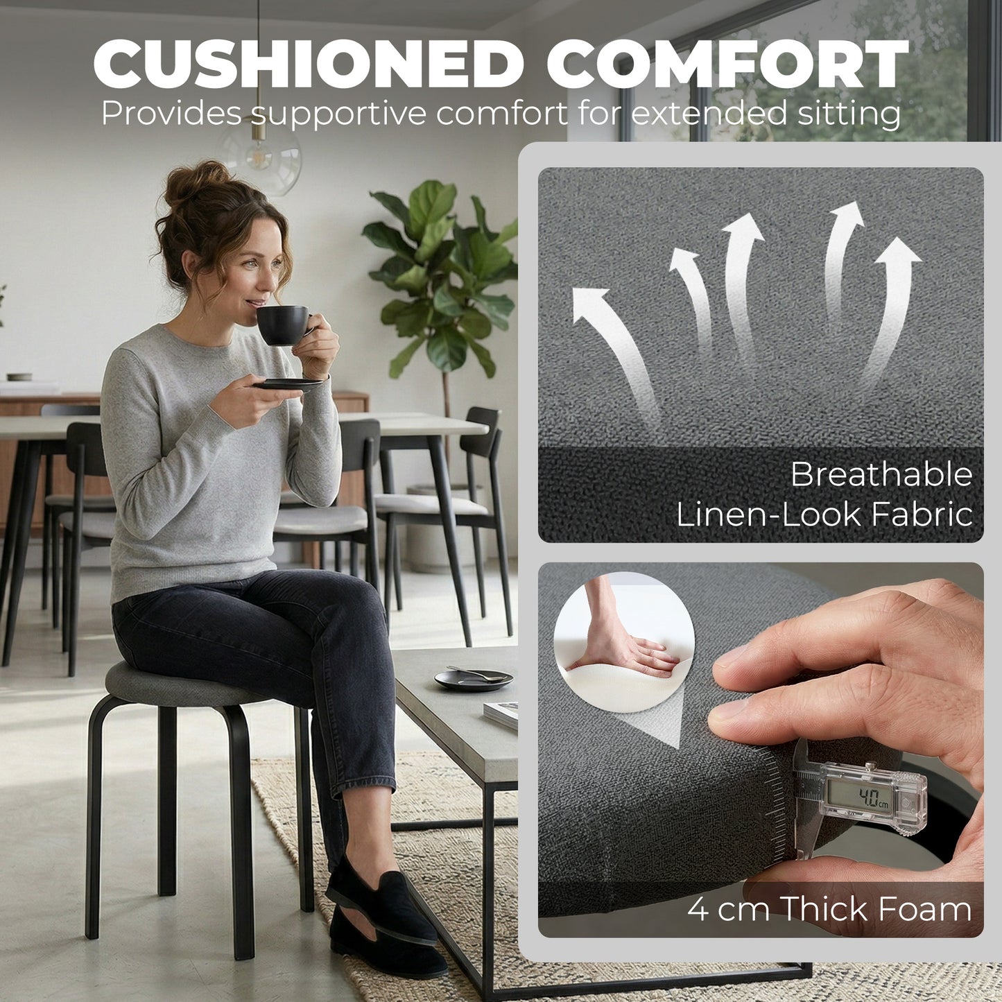 Set of 4 Stackable Cushioned Round Stools | 4cm Foam Seat | Powder-Coated Steel Legs | 120kg Capacity | BS5852 Fire Safety Certified | No Assembly | 40x40x45cm | Dark Grey
