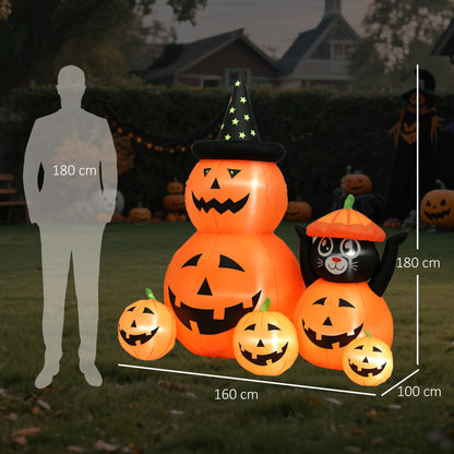 180 cm Tall Halloween Inflatables Pumpkin and Cat with Built-in LED Lights, Self-Inflating Outdoor Halloween Decoration for Garden Party, Orange and Black