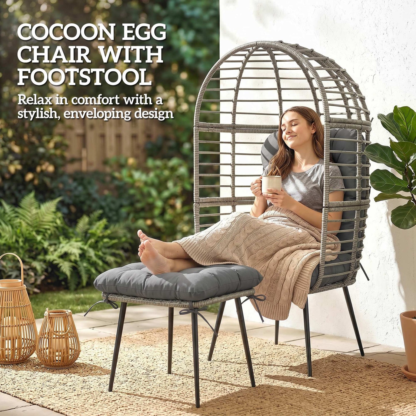 Rattan Egg Chair & Footstool Set | 11cm Tufted Cushions | UV & Weather Resistant PE Rattan | Powder-Coated Steel Frame | 120kg Capacity | Adjustable Feet | Indoor & Outdoor | Light Grey