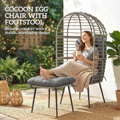 Rattan Egg Chair & Footstool Set | 11cm Tufted Cushions | UV & Weather Resistant PE Rattan | Powder-Coated Steel Frame | 120kg Capacity | Adjustable Feet | Indoor & Outdoor | Light Grey