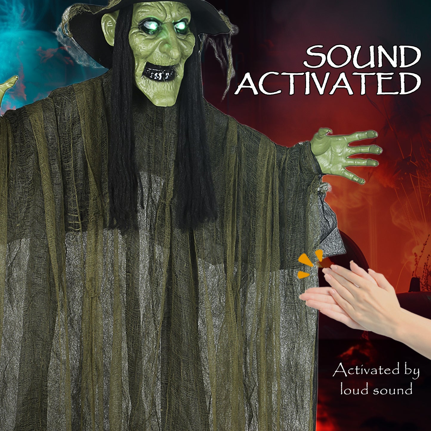 170 cm Life Size Hanging Halloween Animated Witch with Glowing LED Eyes, Spooky Witch Scary Halloween Decorations, Battery Operated, Indoor Party Props