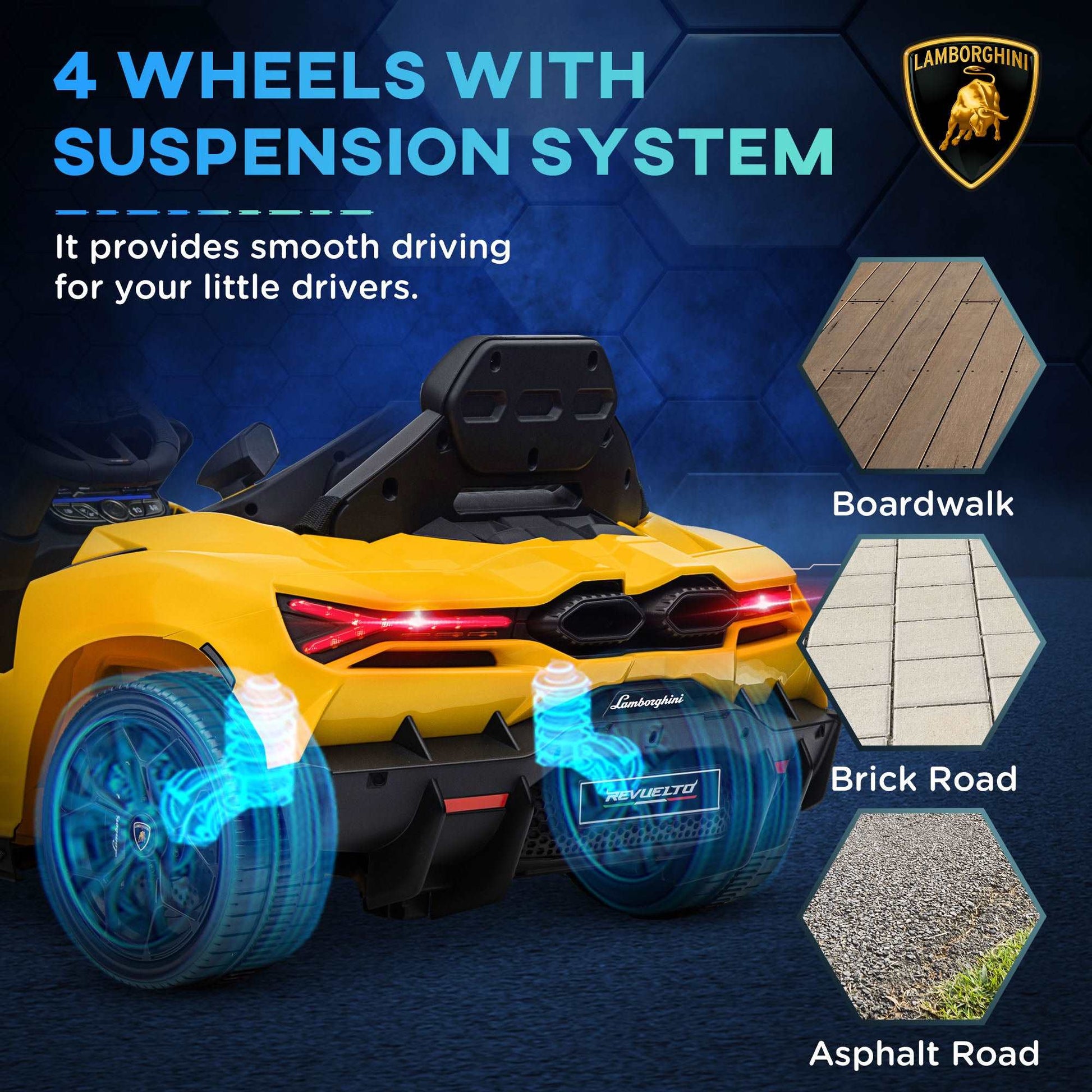 AIYAPLAY Lamborghini Revuelto Licensed 12V Ride on Car w/ Butterfly Doors Training Wheels, Suspension, Remote Control Yellow / Orange