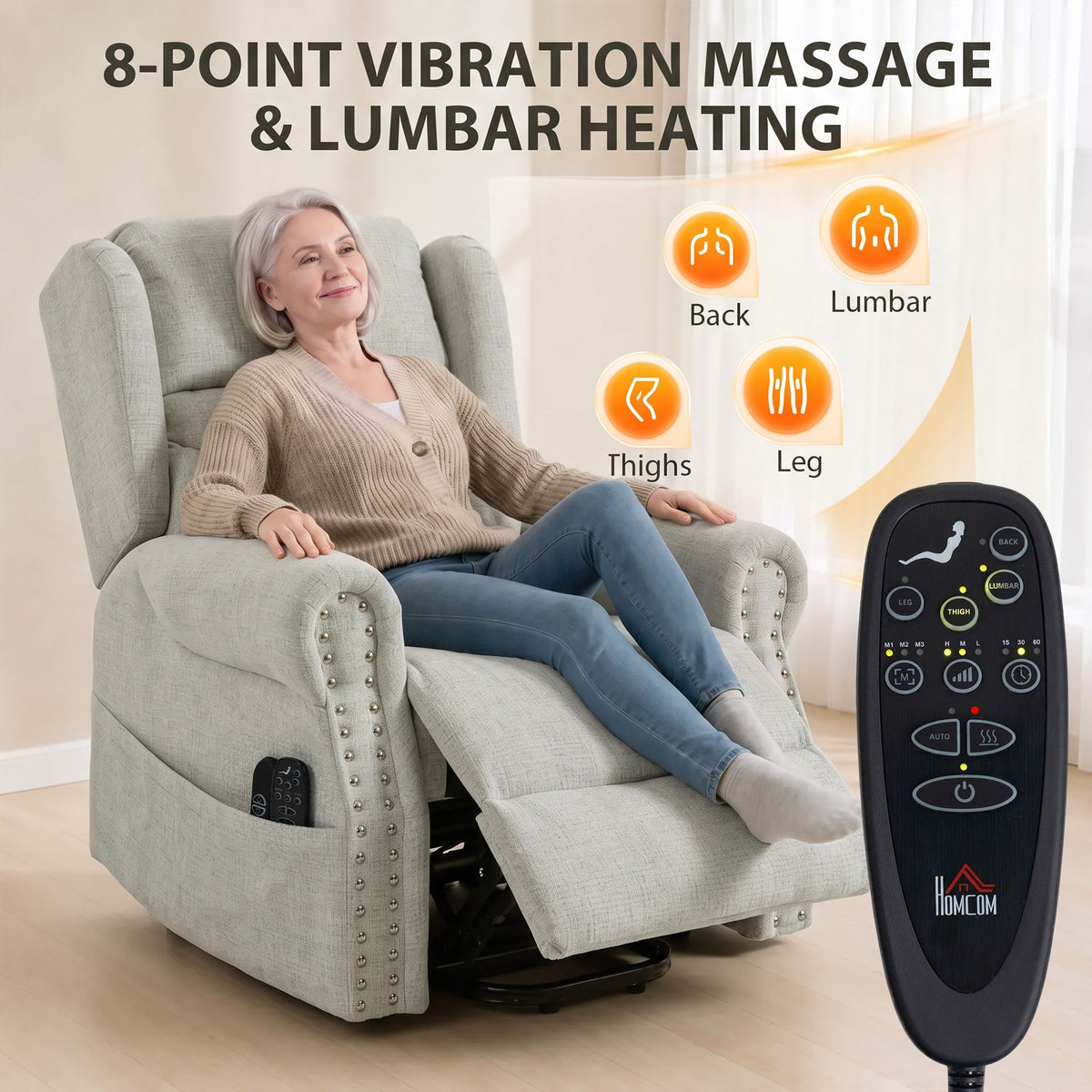 Power Lift Riser Recliner Chair with 8-Point Massage & Lumbar Heat | 45° Lift 150° Recline | Chenille Upholstery | USB Charging | 35cm Wall Clearance | 120kg Capacity | Light Grey | 89x94x107cm