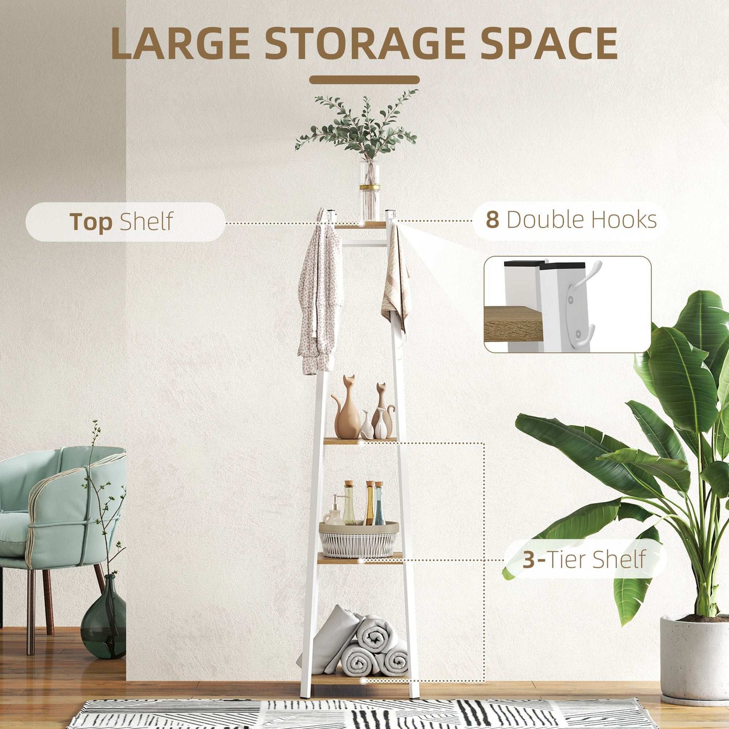 Compact Freestanding Coat Rack Organiser -  White/Oak