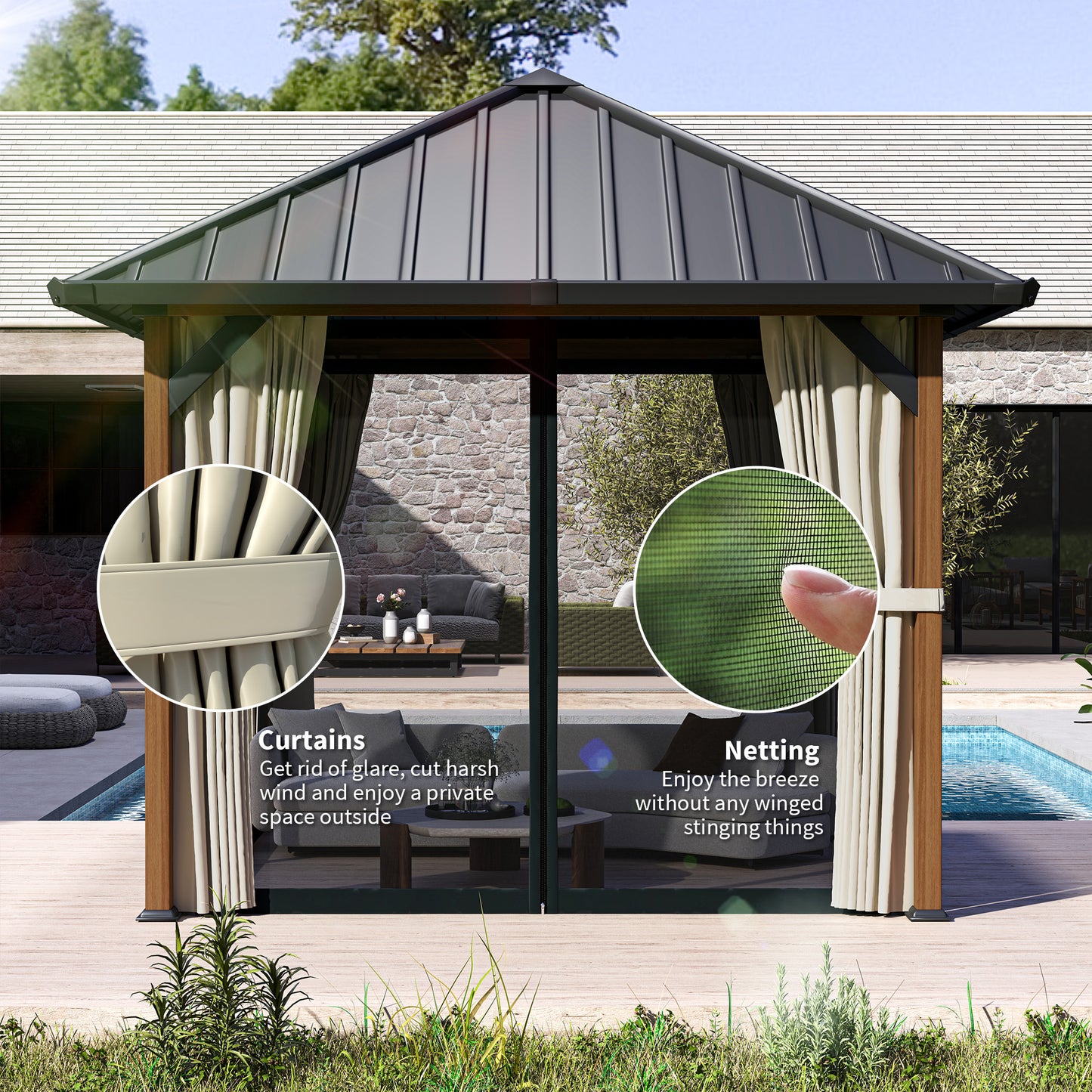 3 x 3(m) Hardtop Garden Gazebo W/ Galvanised Steel Roof & Water Gutter, Waterproof Permanent Pavilion for Patio, Deck, Walnut Wood Finish