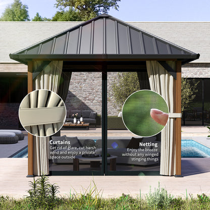 3 x 3(m) Hardtop Garden Gazebo W/ Galvanised Steel Roof & Water Gutter, Waterproof Permanent Pavilion for Patio, Deck, Walnut Wood Finish