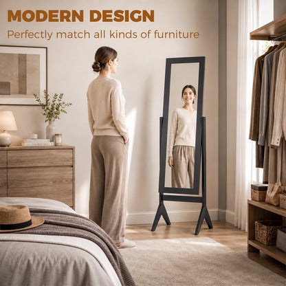 Freestanding Full-Length Dressing Mirror | Black E1 MDF & Glass | 47x46x148cm | Mirror 118x42cm | Tilts to 2 Angles | 4-Foot Stable Base | Bedroom Bathroom Hallway | Flat Pack