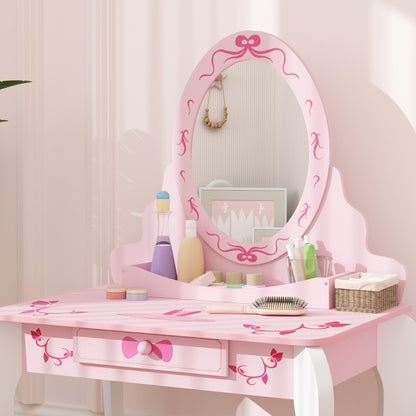 AIYAPLAY Kids Dressing Table Set, Vanity Table with Stool, Mirror, Drawer, Desktop Storage, Ballet Theme, Pink