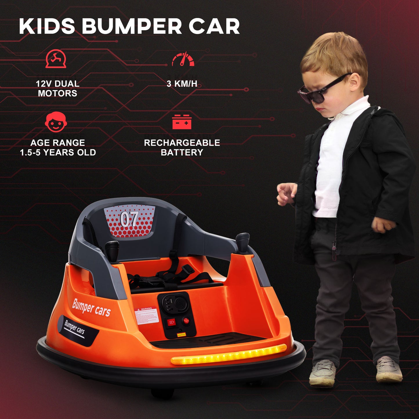 Kids Bumper Car, 360° Rotation Spin 12V Electric Car with Lights, Music, for Ages 1.5-5 Years - Orange