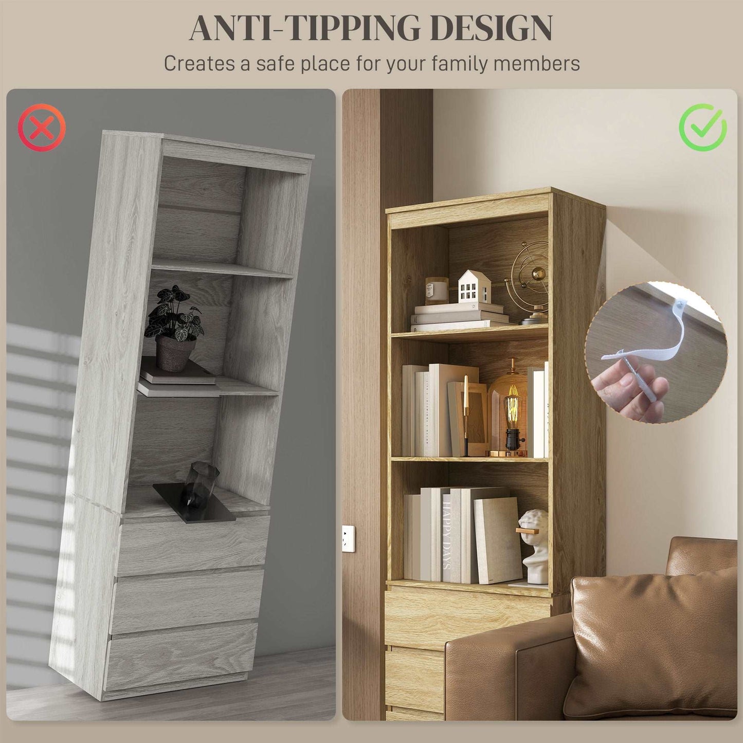 180cm Tall Bookcase with Storage, Free Standing Bookshelf with 3 Shelves and 3 Drawers, Display Cabinet for Living Room, Home Office, Bedroom, Oak
