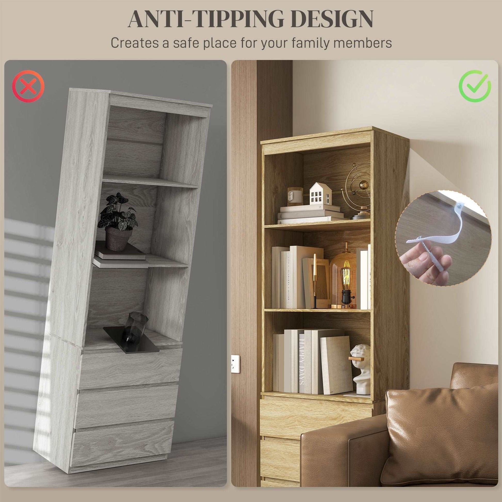 180cm Tall Bookcase with Storage, Free Standing Bookshelf with 3 Shelves and 3 Drawers, Display Cabinet for Living Room, Home Office, Bedroom, Oak