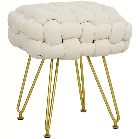 Velvet-Feel Bold Woven Footstool - Cream White