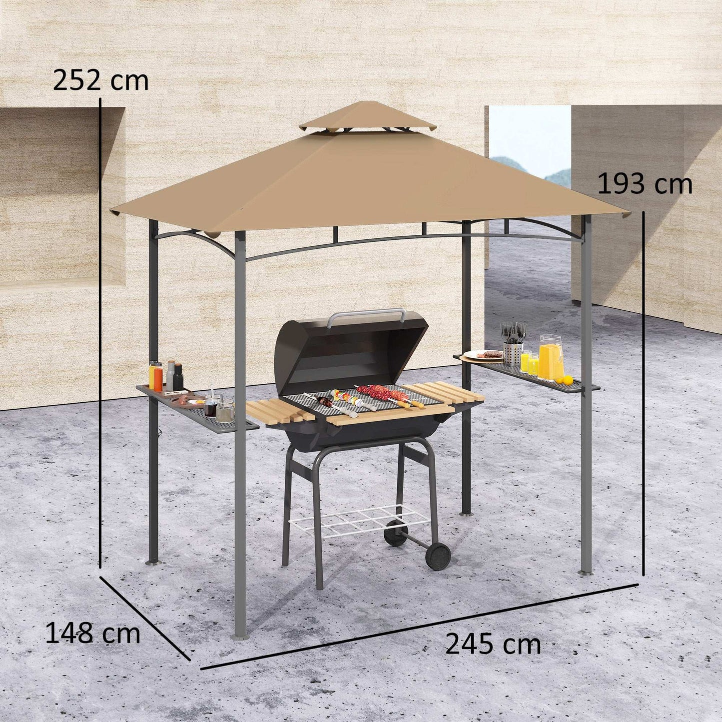 2.5M (8ft) New Double-Tier BBQ Gazebo Shelter Grill Canopy Barbecue Tent Shelter Patio Deck Cover - Khaki