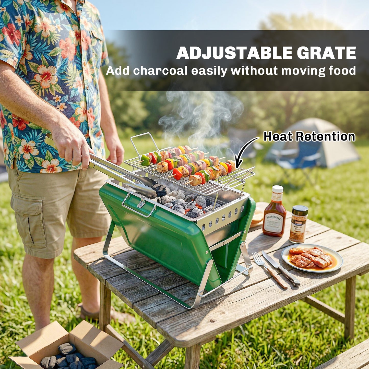 Outsunny Charcoal BBQ Grill Portable Stainless Steel Barbecue with Tilting Grate for Camping Picnic Garden