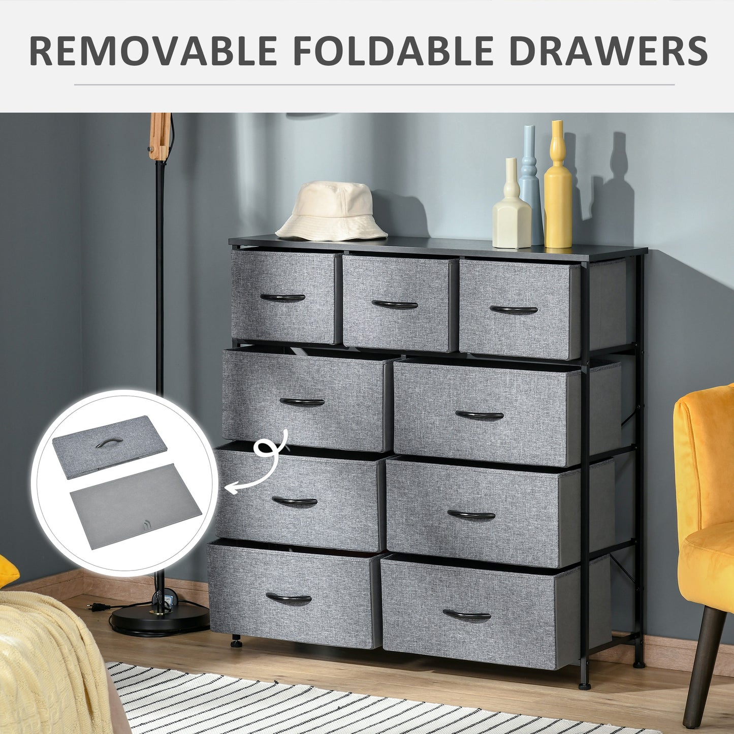 9 Drawers Storage Chest Dresser Organizer Unit , Easy Pull Fabric Bins, for Bedroom, Hallway, Entryway, Black & Grey