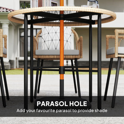 5 Piece Patio Rattan Dining Set, Wicker Garden Table & Chairs w/ Removable Seat & Back Cushions, Round Tempered Glass Tabletop, Parasol Hole