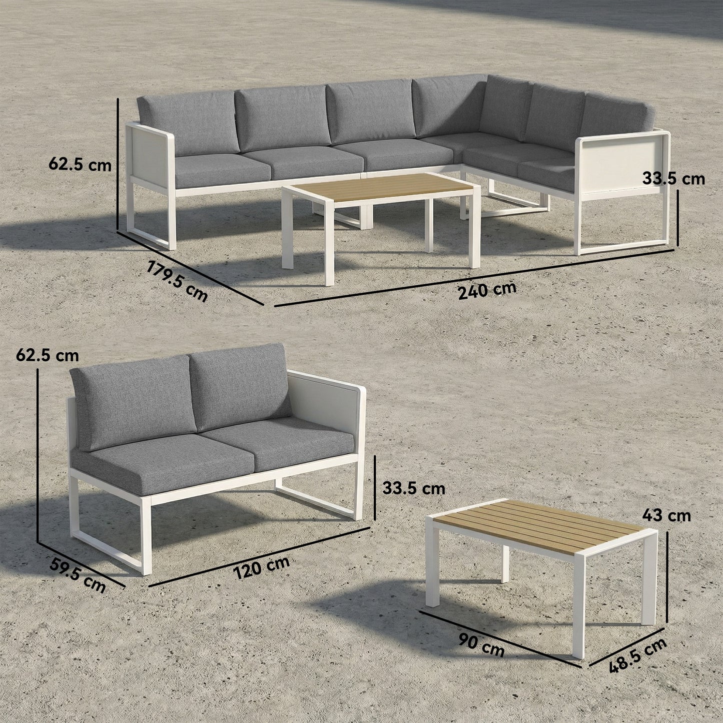 6-Seater Modular Garden Sofa Set | 3 Loveseats | Texteline Seating | Wood-Effect Slatted Coffee Table | Powder-Coated Metal Frame | 200gsm Cushions | 8cm Seat & 10cm Back | Washable Covers | 240kg | White