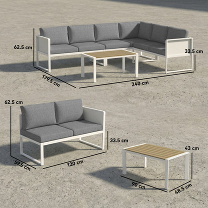 6-Seater Modular Garden Sofa Set | 3 Loveseats | Texteline Seating | Wood-Effect Slatted Coffee Table | Powder-Coated Metal Frame | 200gsm Cushions | 8cm Seat & 10cm Back | Washable Covers | 240kg | White