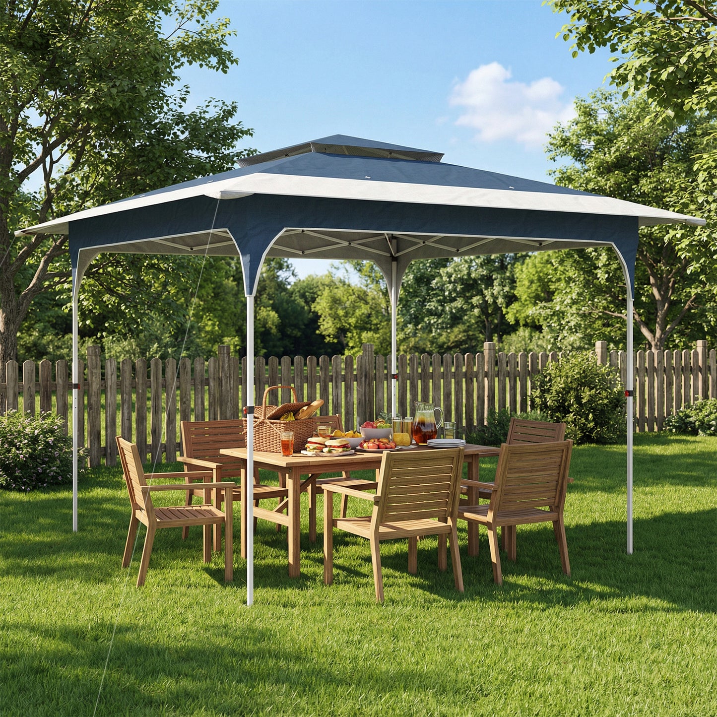 3.5x3.5m Pop Up Gazebo | One-Push Central Lock | Double-Tier UPF50+ 210D Oxford Fabric | 8 Rainwater Holes | 3 Height Settings | Windproof Level 4-6 | Snow Rated | Ropes & Stakes | Carry Bag | Blue & White
