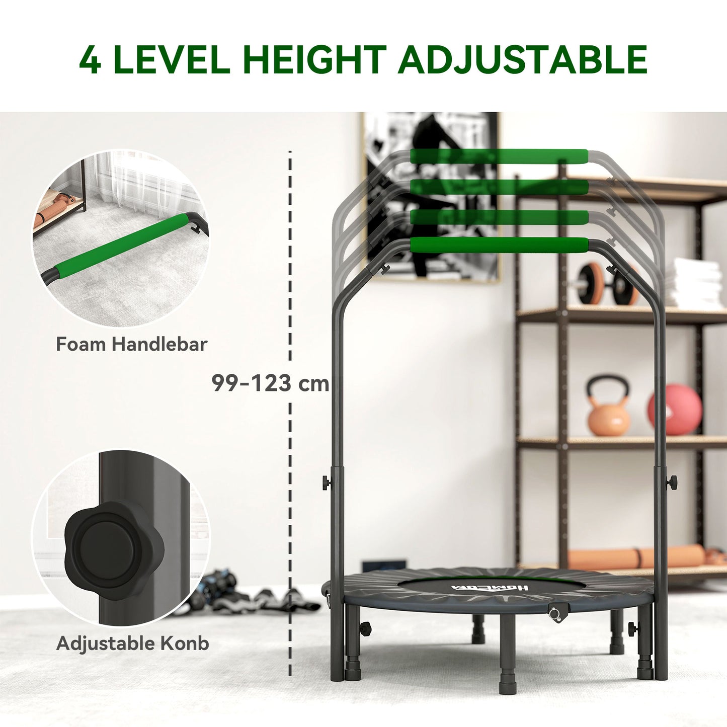 40" Foldable Mini Fitness Trampoline, with Adjustable Foam Handle, Green
