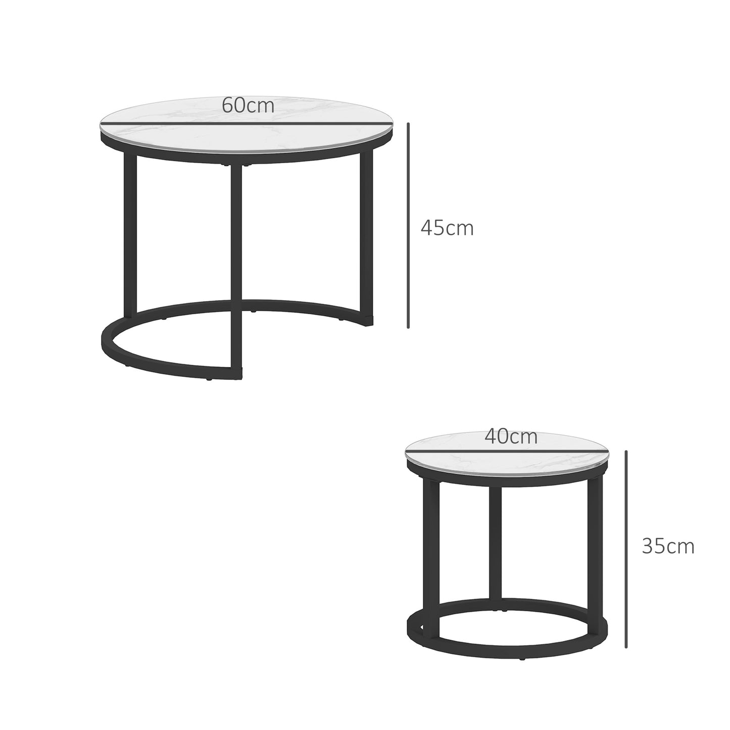 Glass Coffee Table Set of 2, Round Nest of Tables with Marble-Effect Tempered Glass Tabletop and Steel Frame, Side Tables for Living Room, White