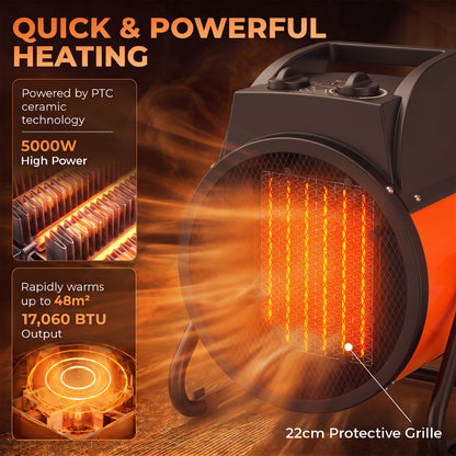 5000W Industrial PTC Fan Heater | 3300W/5000W | Tilting Airflow | Adjustable Thermostat | Orange | 380-400V 5-Pin