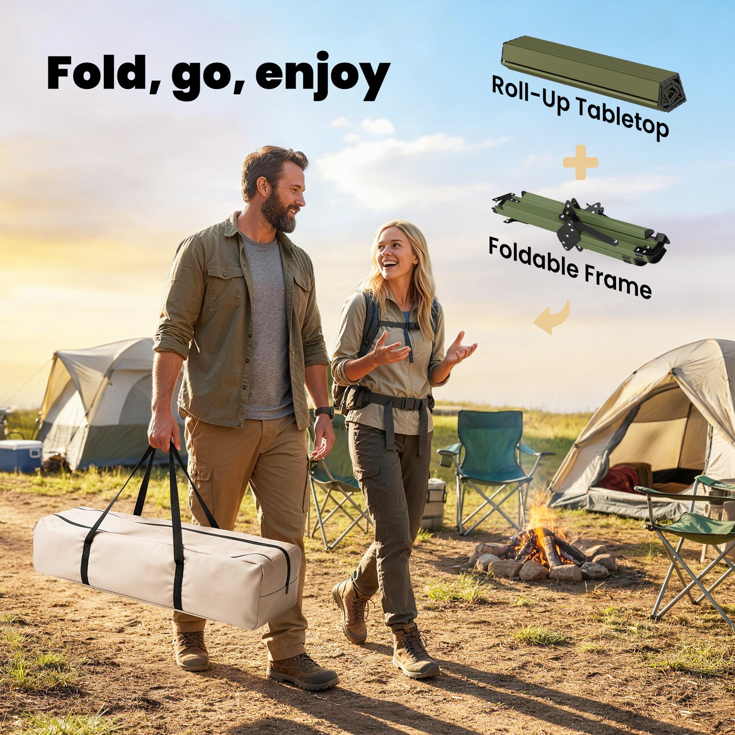 4ft Folding Camping Picnic Table | Roll Up Top | 116x59x43cm | Waterproof | All Metal Frame | 30kg | Green