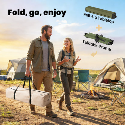 4ft Folding Camping Picnic Table | Roll Up Top | 116x59x43cm | Waterproof | All Metal Frame | 30kg | Green