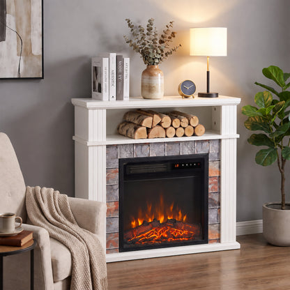Electric Fireplace Suite | 1800W White Fire & Surround | Open Storage Shelf | Adjustable LED Flames | Remote & 8-Hour Timer