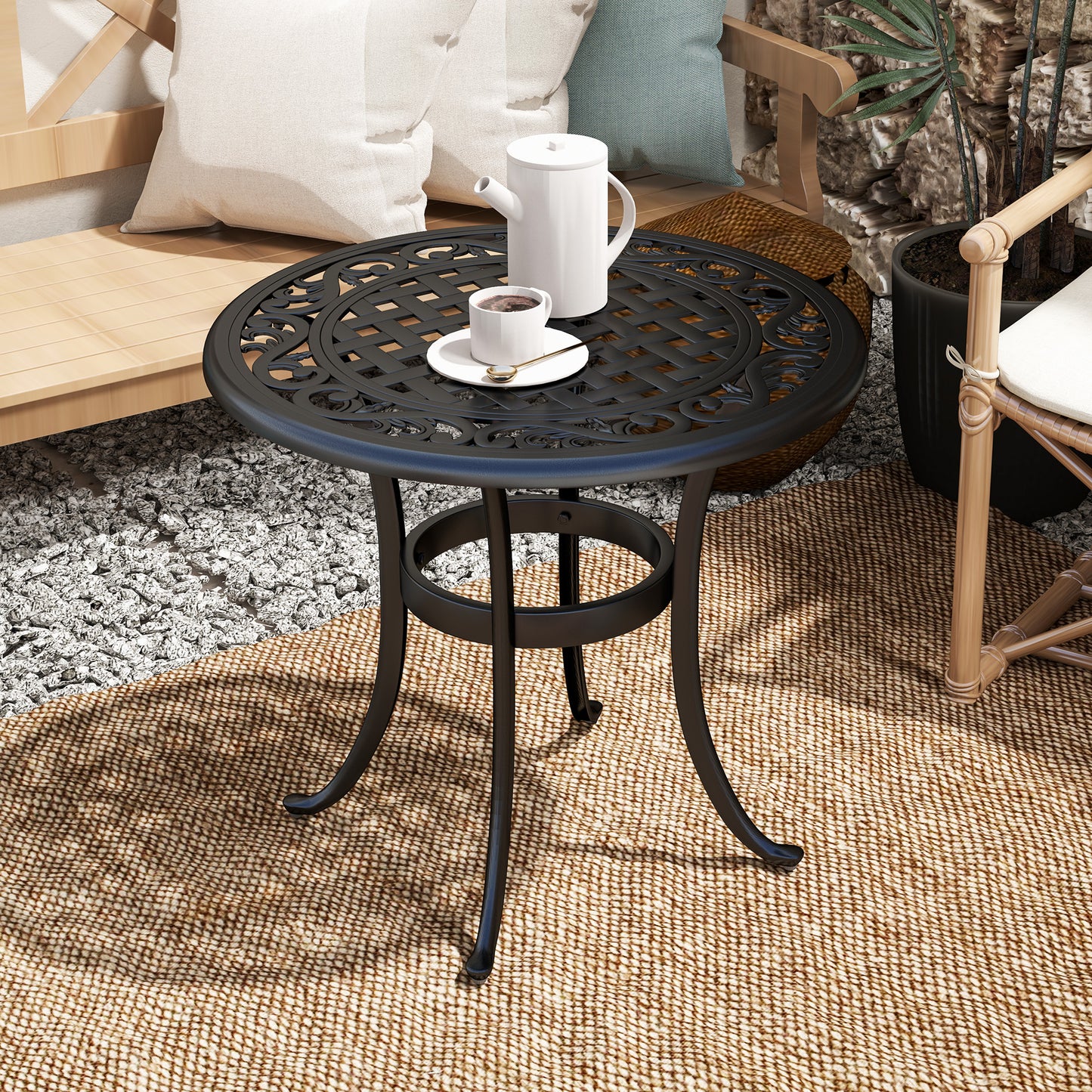60cm Round Cast Aluminium Garden Side Table | Decorative Cut-Out Top | Curved Legs | 60kg | Black