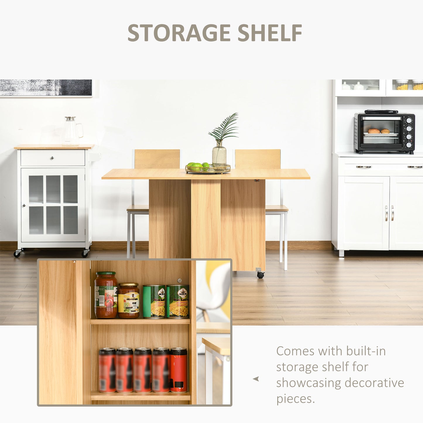 Retro Style Folding Dining Table, Drop Leaf Table for Small Spaces, Foldable Rectangular Tabletop with Storage Shelves for Kitchen, Dining Room, Teak