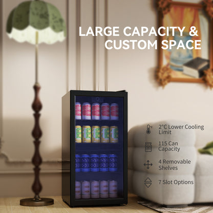 93L Drinks Fridge, 115 Can Freestanding Beer Fridge with Glass Door, Adjustable Shelves, LED Light, for Beer Soda, Black