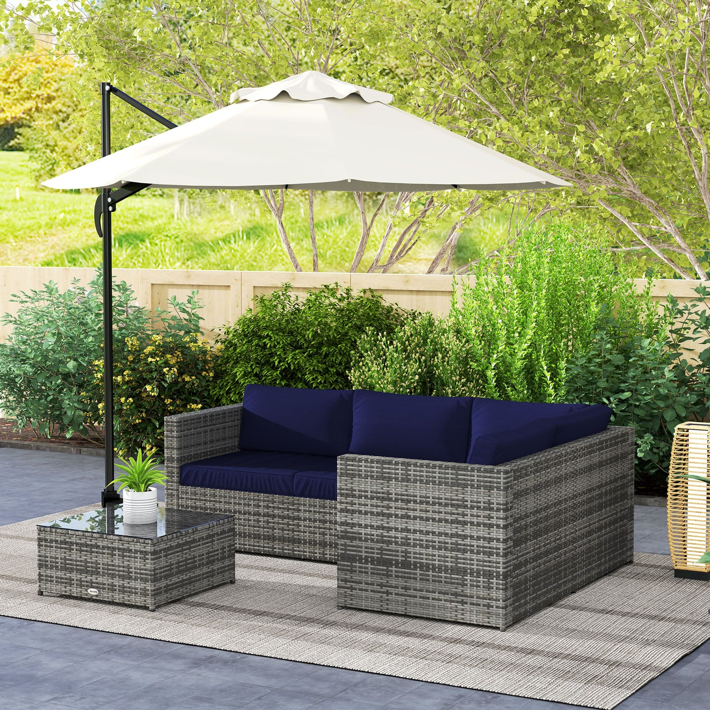 PE Rattan Garden Furniture Set with 10 cm Thick Cushions, 4 Seater Garden Corner Sofa Set W/ Glass Top Coffee Table, Outdoor Furniture