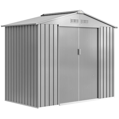 Galvanised Steel Garden Tool Storage Shed | Double Sliding Lockable Door | 4 Vents | Sloped Roof | Foundation Kit Included | 213x130x185cm | Light Grey