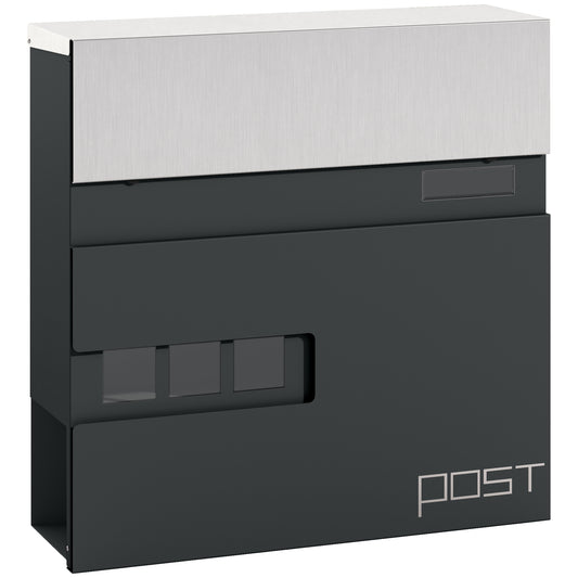 Wall Mounted Post Box with Viewing Window,  Modern Galvanised Steel Mailbox with Copper Core, Weatherproof Letterbox Charcoal Grey