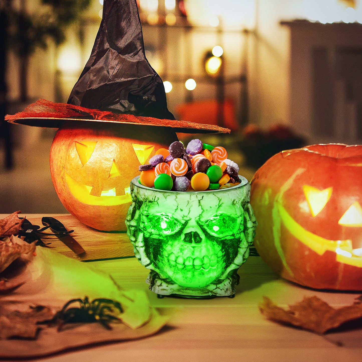 14cm 5.5" Skeleton Candy Toffee Sweets Bowl Outdoor Halloween Decoration, Halloween Prop with Sound Activated, Light Up Eyes, Sound Effects for Haunted House