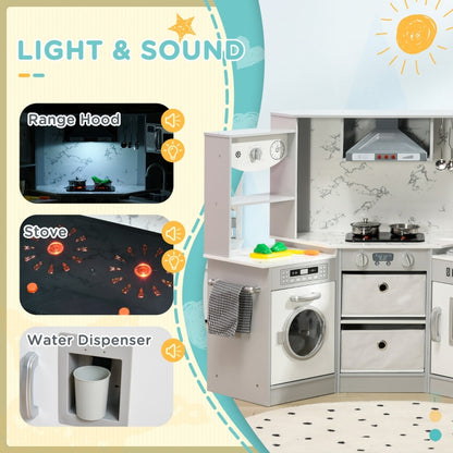 Kids Toy Kitchen With Running Water, Lights, Sounds, Apron and Chef Hat, Water Dispenser, for Ages 3-6 Years, Grey