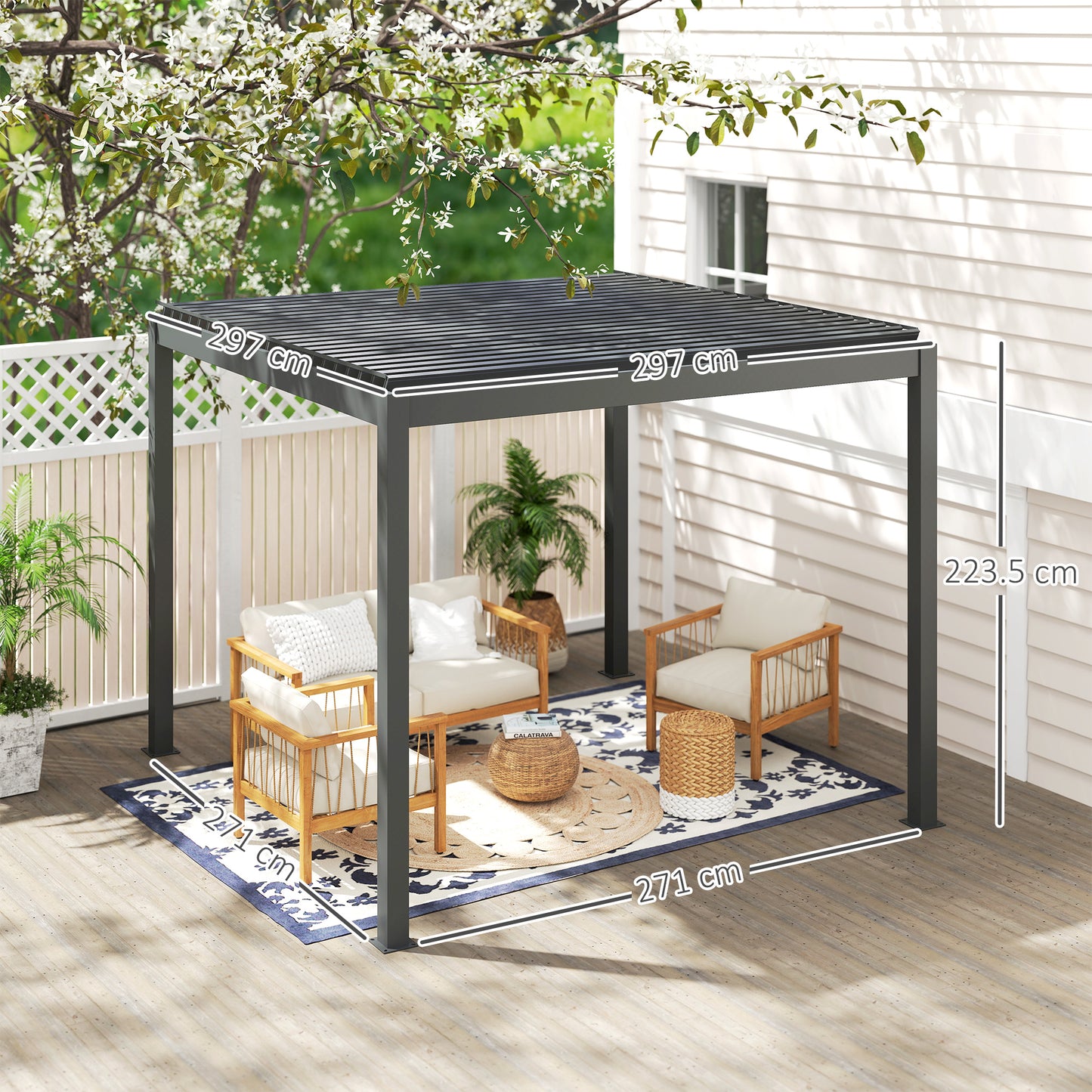 3 x 3(m) Electric Louvered Pergola with LED Lights, Aluminium Pergola Hardtop Gazebo with Remote, Adjustable Roof and Drainage System