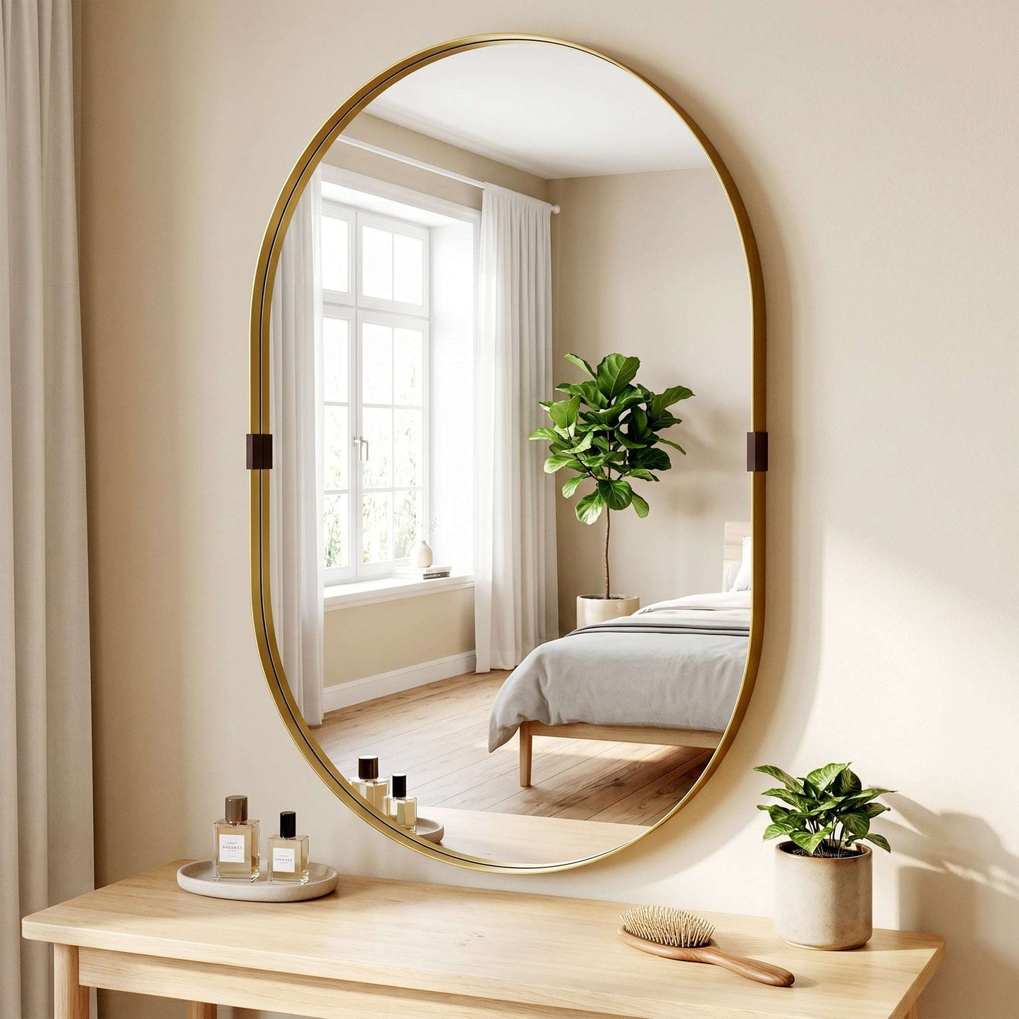 Rectangular Wall Mirror | Elevated 4cm Aluminium Alloy Frame | Shatterproof Tempered Glass | Moisture-Resistant Anodised Finish | MDF Backing | 60x90cm | Gold Tone