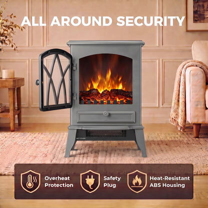 Electric Fireplace Stove | Grey Freestanding 2000W Heater with Adjustable LED Flame & Thermostat