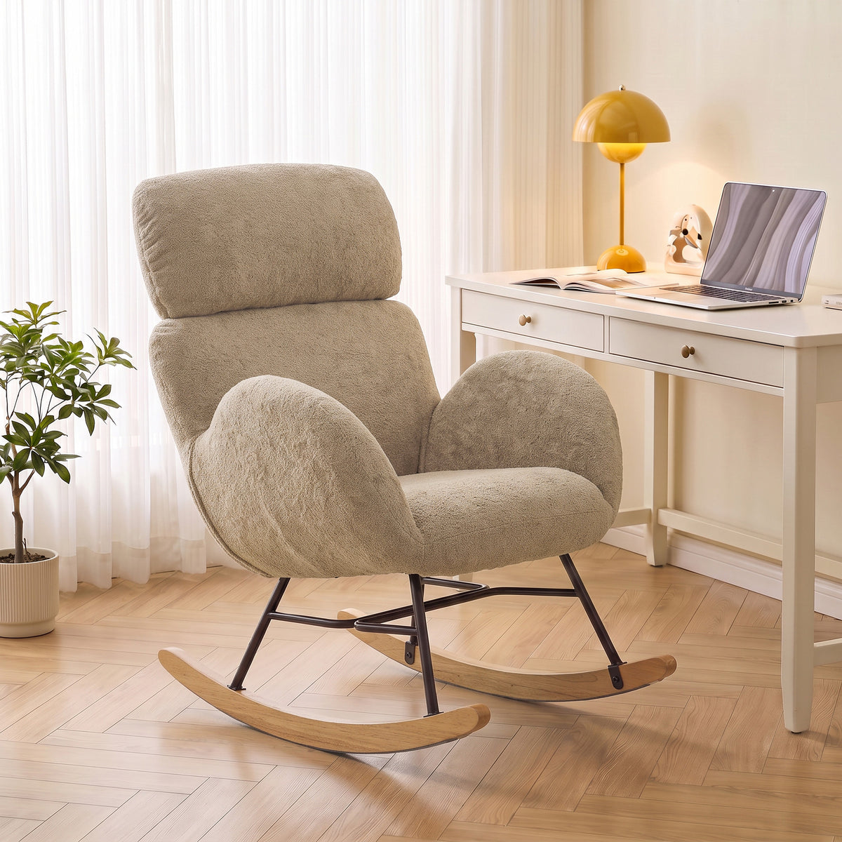 Upholstered Rocking Chair with 8cm Adjustable Headrest | 105° Rocking Motion | Raindrop Velvet High-Density Foam | Steel Plywood Frame Rubberwood Legs | 120kg Capacity | BS5852 | Light Brown | 71x90x100cm | Assembly Required