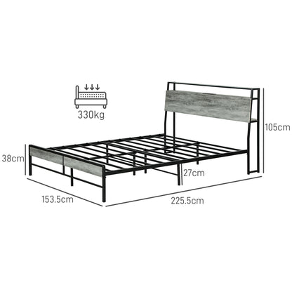 King Steel Bed Frame, with LED Lights and Headboard Shelf - Grey