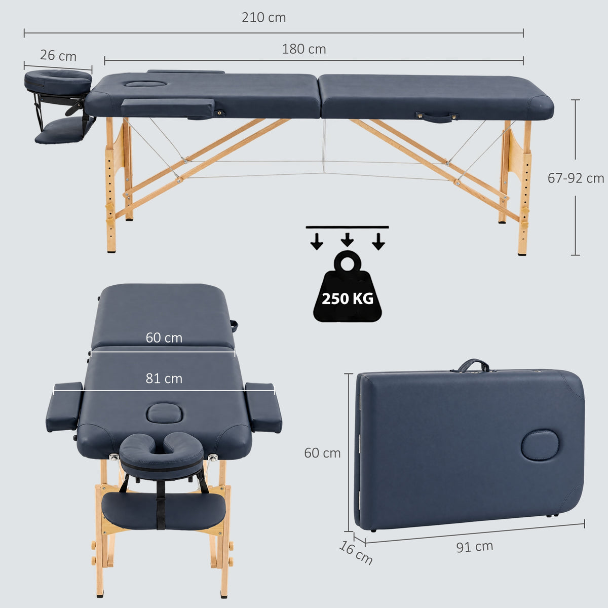 Portable Massage Table | Dark Blue 2-Section Folding Beauty Bed | Beech Frame, 4cm Padding & Carry Bag | Adjustable Height 67–92cm