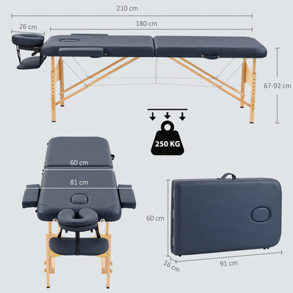 Portable Massage Table | Dark Blue 2-Section Folding Beauty Bed | Beech Frame, 4cm Padding & Carry Bag | Adjustable Height 67–92cm