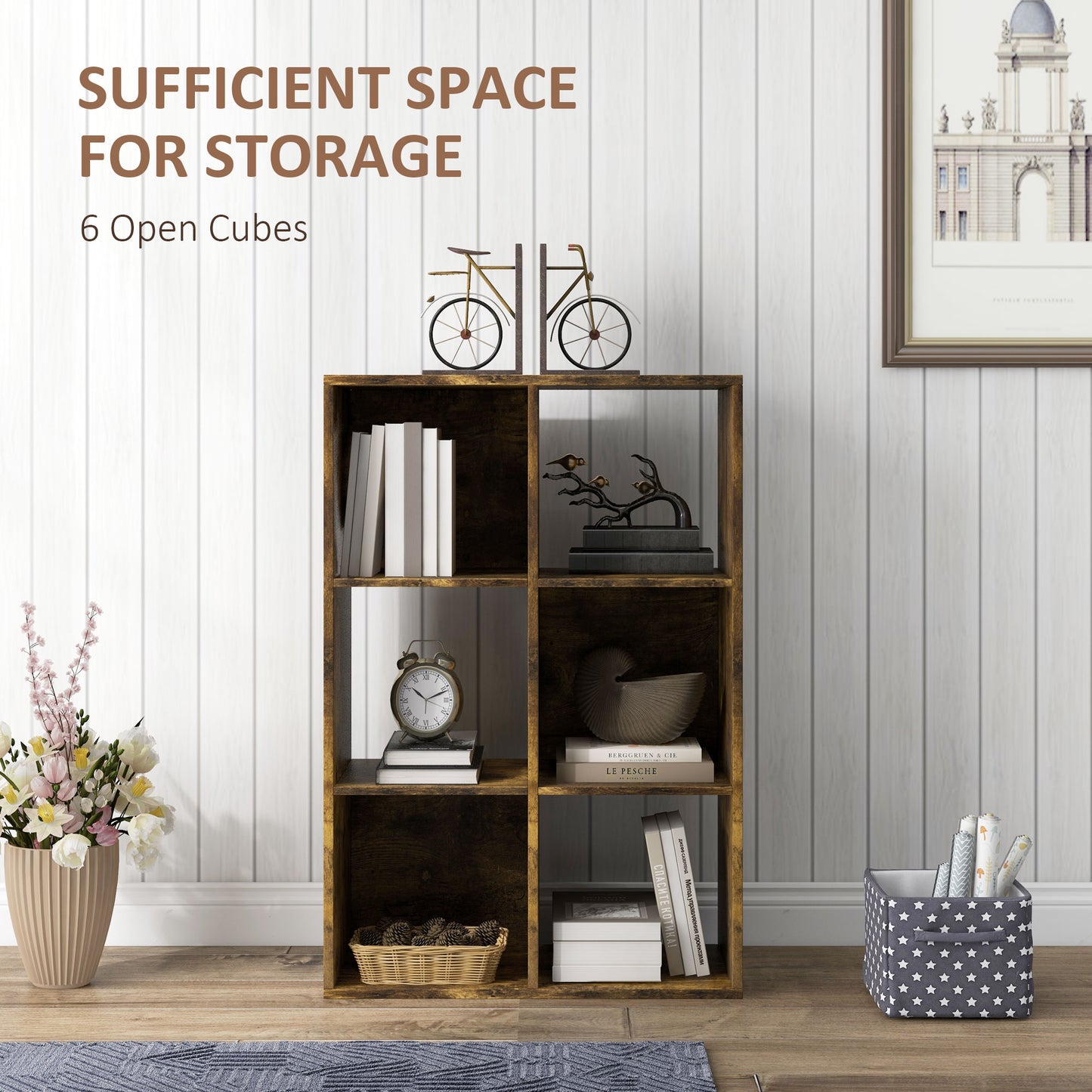 3-tier 6 Cubes Storage Unit Particle Board Cabinet Bookcase Organiser Home Office Shelves Rustic Brown